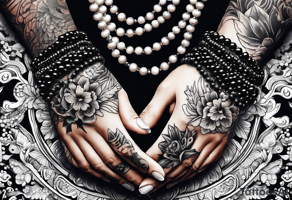 praying hands with beads and beach tattoo idea