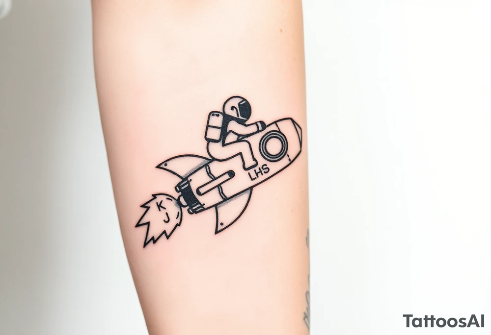 Busted Rocket ship with sparks coming out the back  with astronaut riding it. It has LHS written on it and K and J on the nose tattoo idea