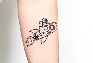 Busted Rocket ship with sparks coming out the back  with astronaut riding it. It has LHS written on it and K and J on the nose tattoo idea