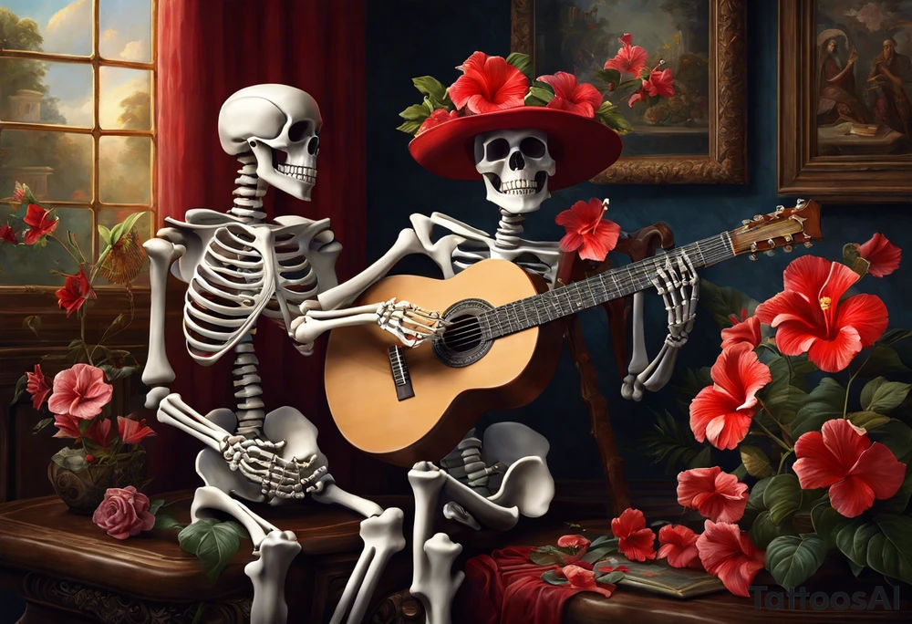 a female skeleton holding a hibiscus flower and a male skeleton playing a guitar. The scene should capture a moment of connection between the two, with the female skeleton attentively listening to the music played by the male skeleton. Emphasize the details of the hibiscus flower,  and the fluidity of the music being played on the guitar. tattoo idea