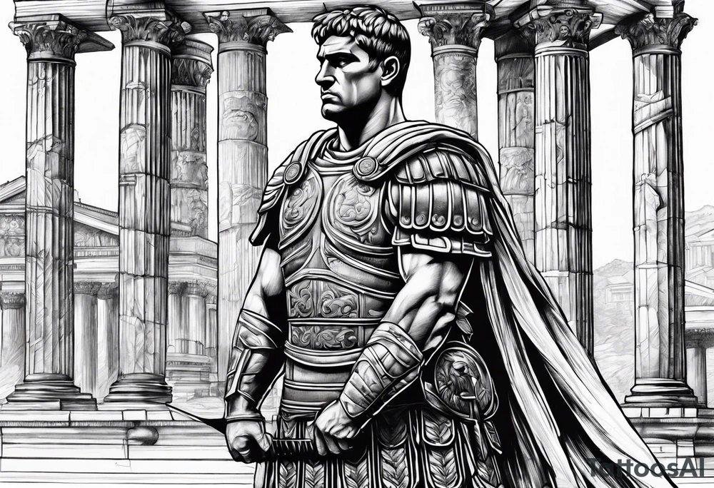 large Roman solider looking at distant pillars tattoo idea large Roman solider looking at distant pillars tattoo idea