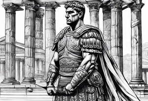 large Roman solider looking at distant pillars tattoo idea