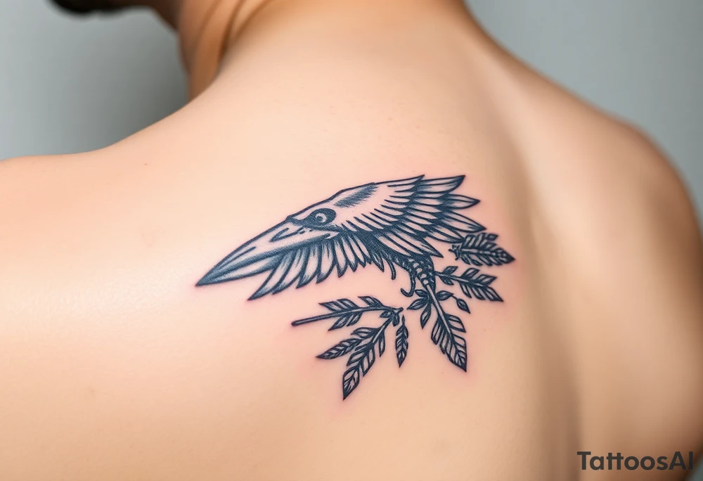 Raven skeleton with peackock feathers and ornaments around tattoo idea