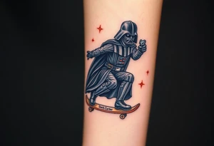Darth Vader skateboarding with gun> bullets > memorial > god > colors > futuristic/space/star wars
add name "Darth Carter" on skateboard
add date 12/29/88-01/06/24 tattoo idea