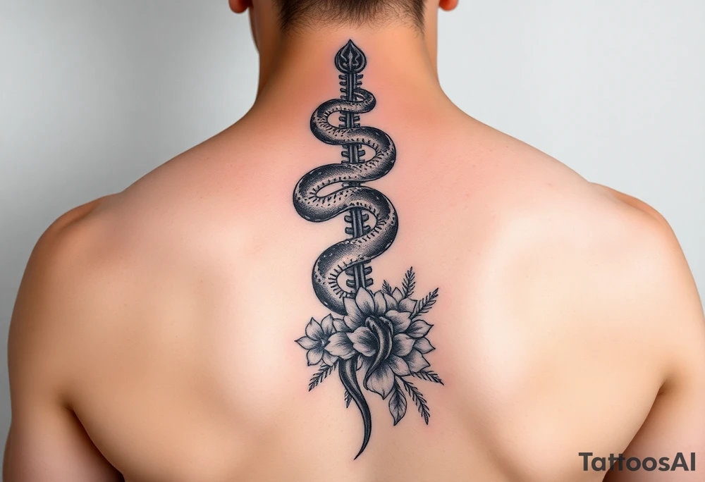 generate a spine tattoo with a snake wrapping around the spine and light florals tattoo idea