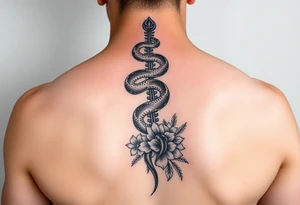 generate a spine tattoo with a snake wrapping around the spine and light florals tattoo idea