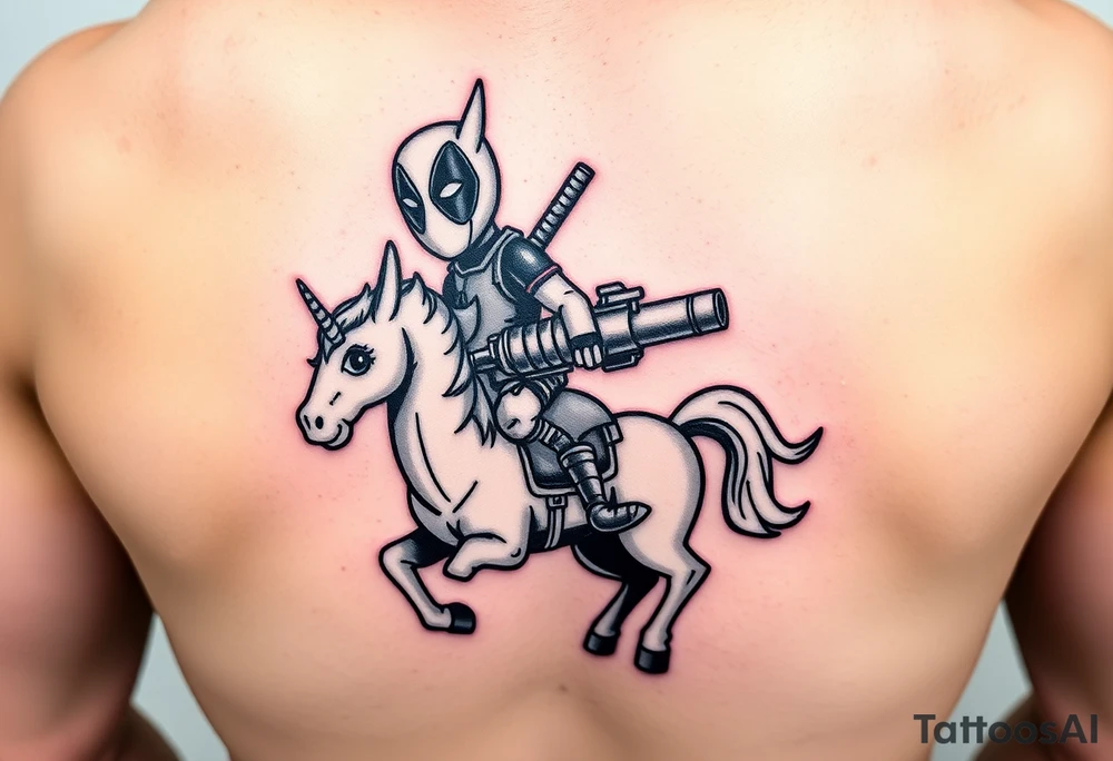 Deadpool riding unicorn holding rocket old school propelled grenade launcher tattoo idea