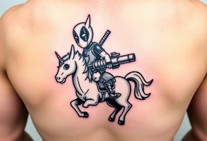 Deadpool riding unicorn holding rocket old school propelled grenade launcher tattoo idea