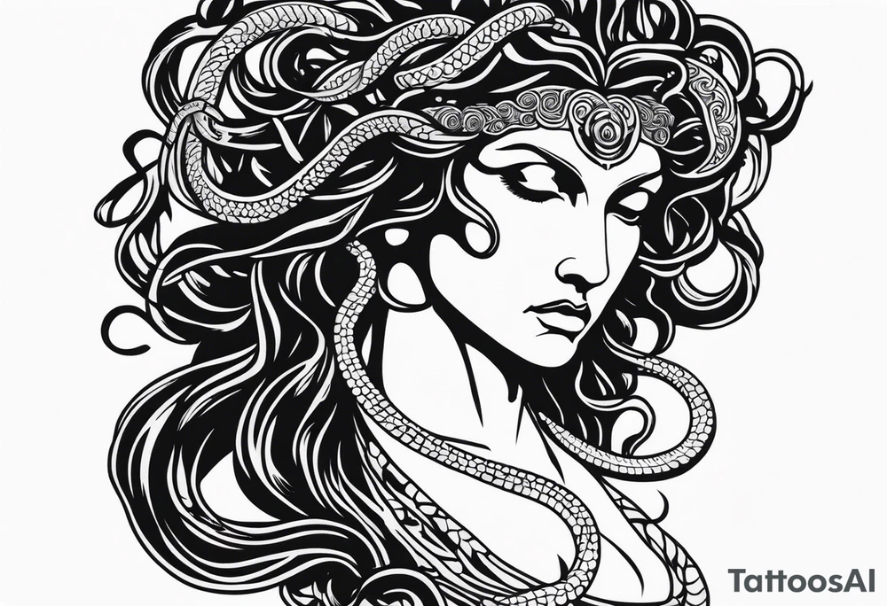 Suspicious and 
Scary Greek god medusa with snake hairs tattoo idea