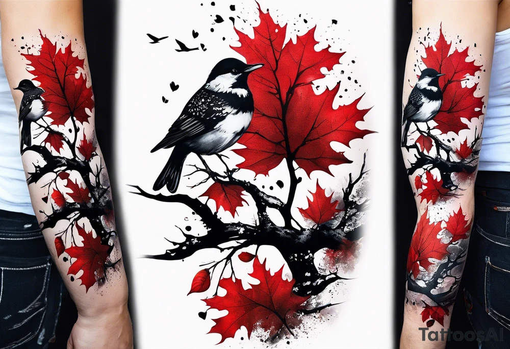 trash polka style. Arm tattoo. chest tattoo. Long tattoo. large tattoo. Full sleeve. Shoulder. A single large maple tree with red autumn leaves that branches upwards from wrist to shoulder. White-throated dipper bird on the trees branches. Calluna flowers at the base of the trees stem. Tree stem has dark colors. Red/yellow sunset behind the trees stem. Leaves falling. tattoo idea