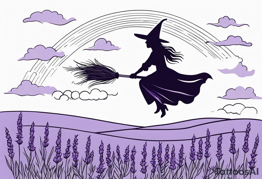 Witch on a broom flying over a field of lavender tattoo idea