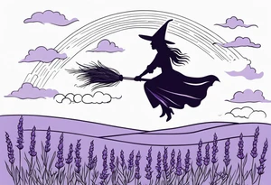 Witch on a broom flying over a field of lavender tattoo idea
