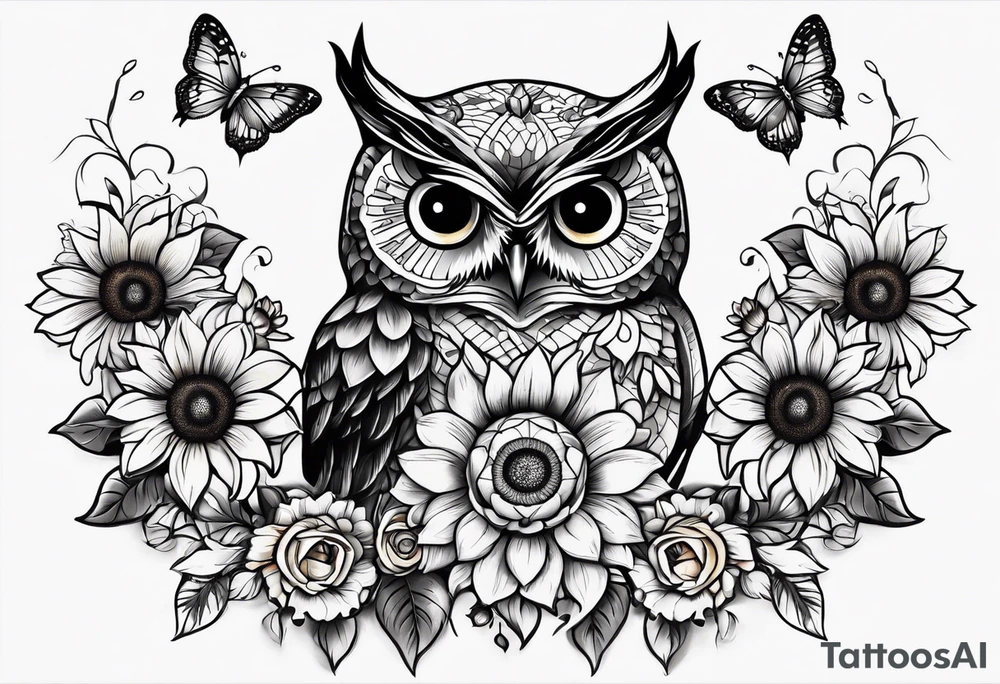 Small owl with sunflowers and butterflies arm sleeve tattoo idea