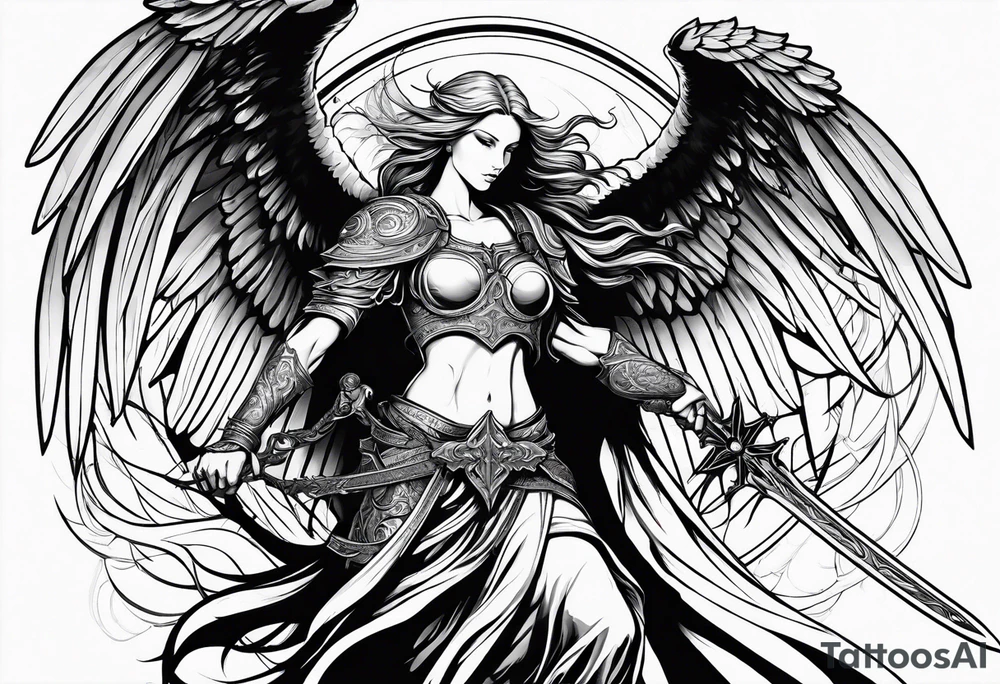 Angel with long sword atop a demon slain in single line tattoo idea