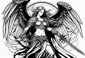 Angel with long sword atop a demon slain in single line tattoo idea
