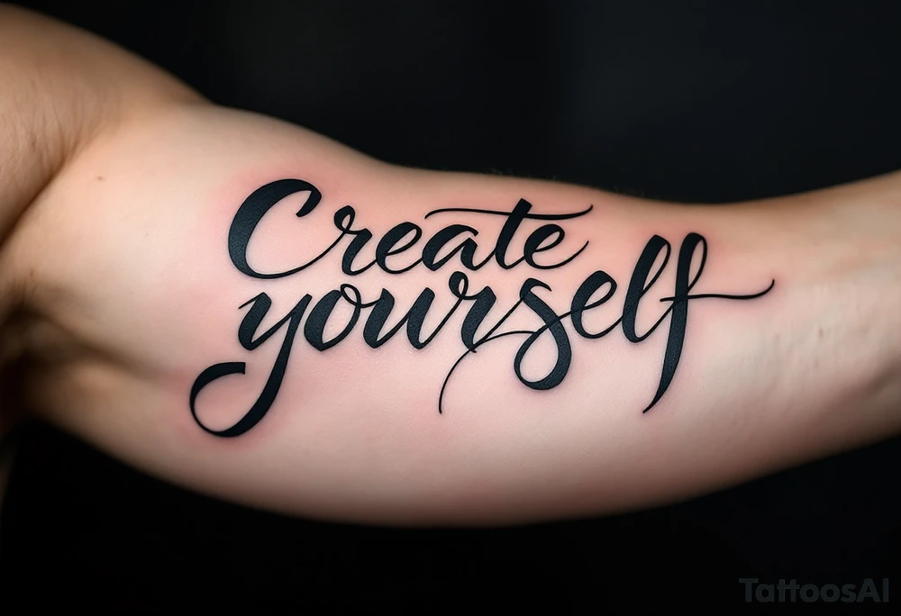 “Create yourself” in graphite black script, with geometric shapes building from the letters in cool grays tattoo idea