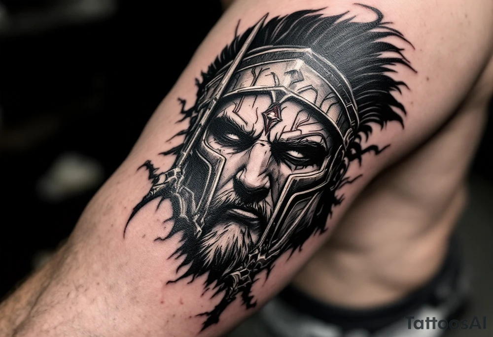 close-up spartan face behind trident tattoo idea