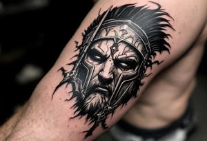 close-up spartan face behind trident tattoo idea