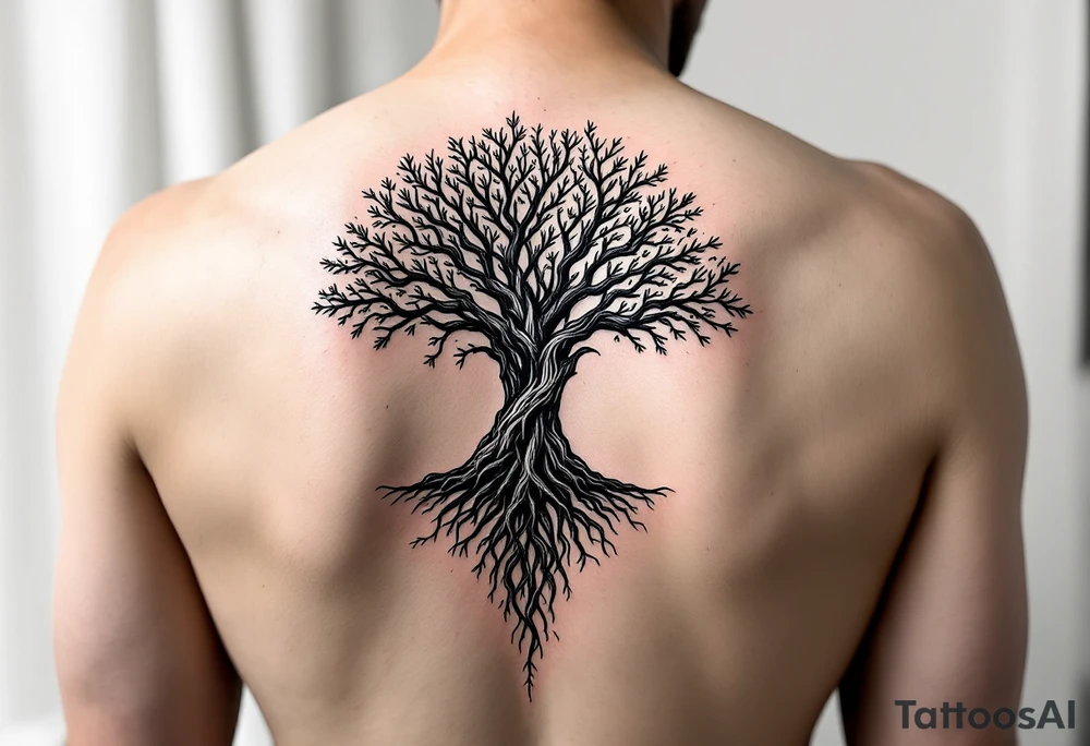 mystical tree of life with cosmic roots and celestial branches tattoo idea