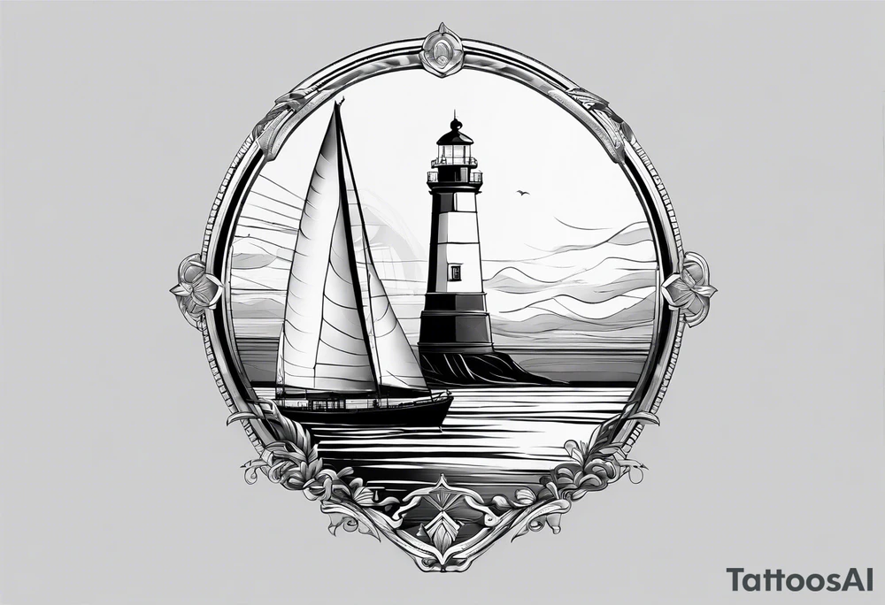 maritime lighthouse partially hidden by its large fixed sail. calm sea reflection. tattoo idea