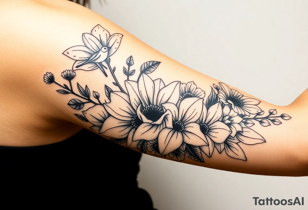 Can you create an image of a tattoo that will go on my upper arm including the following floral arrangement done very light handed and with soft lines- 1 large violet, 1 large carnation, 1 large lily of the valley, 1 large narcicuss, 1 medium carnation, 1 medium violet, 1 small dafodil, 2 small water lillies, and 1 small chrysanthemum. Add a small hummingbird drinking out of the large narcicuss. I want it on my upper right arm on the outside but slightly wrapping around the outer arm. I would like some greenery to fill in spaces as well. Make it large enough to fill my upper arm. I want the flowers to have dramatic and realistic shading. Make the tattoo more vertical than horizontal and put it on a female's arm with medium tan skin. tattoo idea