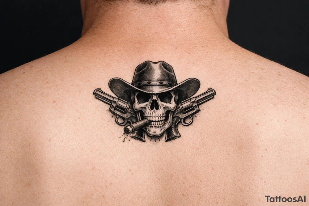 A skull with a wide-brimmed cowboy hat, two vintage pistols pointing outward, ash falling from a cigar. tattoo idea