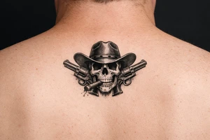 A skull with a wide-brimmed cowboy hat, two vintage pistols pointing outward, ash falling from a cigar. tattoo idea