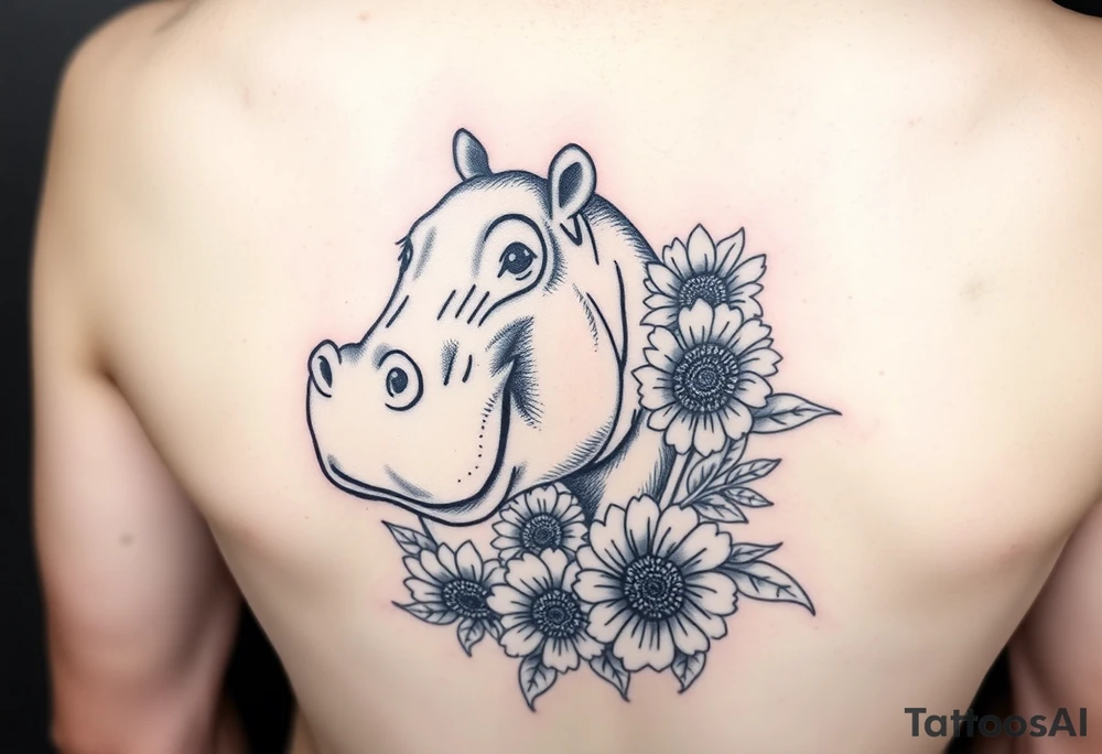 Cute hippo and with sunflowers and carnations tattoo idea