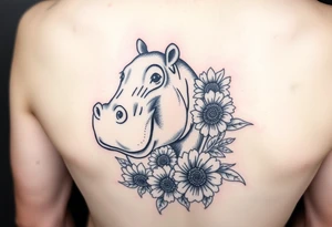 Cute hippo and with sunflowers and carnations tattoo idea