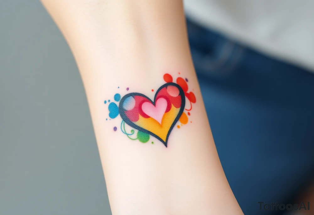A watercolor infinity symbol surrounded with heart in rainbow colors tattoo idea