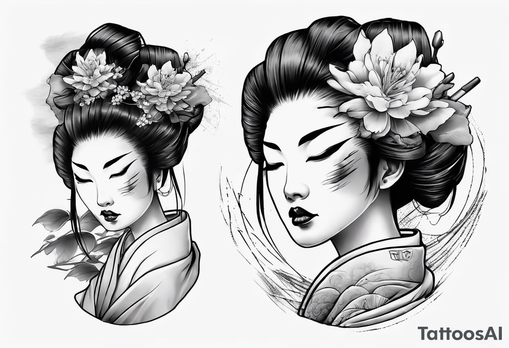 geisha face with two eyes closed and third realistic eye open tattoo idea