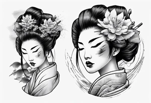 geisha face with two eyes closed and third realistic eye open tattoo idea