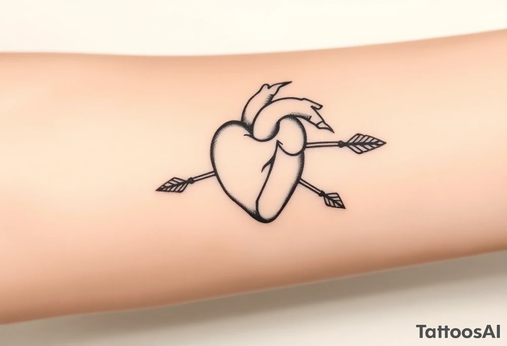 anatomical heart pierced by ornate arrow with flowing ribbons tattoo idea
