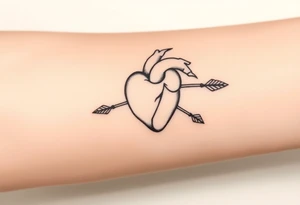 anatomical heart pierced by ornate arrow with flowing ribbons tattoo idea