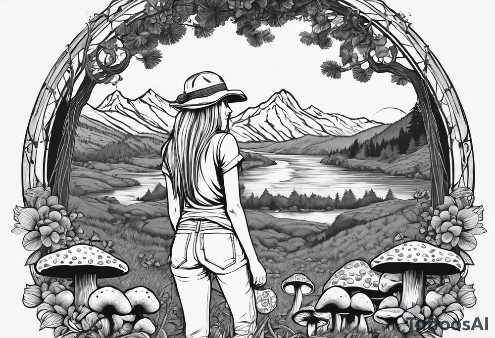 Straight long blonde hair hippie girl in distance holding mushrooms in hand facing away toward mountains and creek surrounded by mushrooms tee shirt and hiking pants; whole rendering within a full circle, no cut off circle tattoo idea