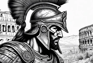 Side profile Spartan Solider ancient roman city in the background tattoo idea