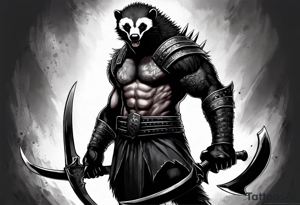 Draw me psychopath Honey Badger/Berserker with aggressive full body, killer face with a scary smile, very long nails and he attacks like a Bloody Assassin/Warrior/Gladiator to us and also, he has very deadly looking. He fights with his nails only. Everybody scares after their first sight. Give me horror type Badger Tattoo. I want to see his Realistic full body with no weapons. You can show destruction at the back. tattoo idea
