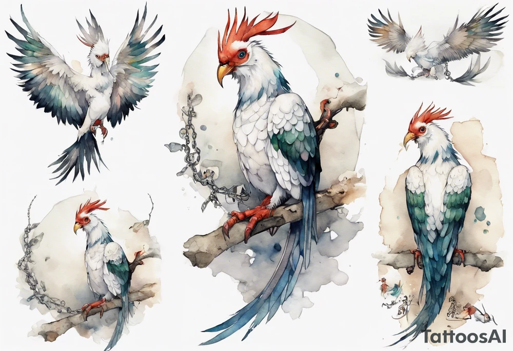 a white Cockatrice wearing a plain iron bracelet around leg, perched on a stone tattoo idea