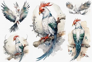 a white Cockatrice wearing a plain iron bracelet around leg, perched on a stone tattoo idea