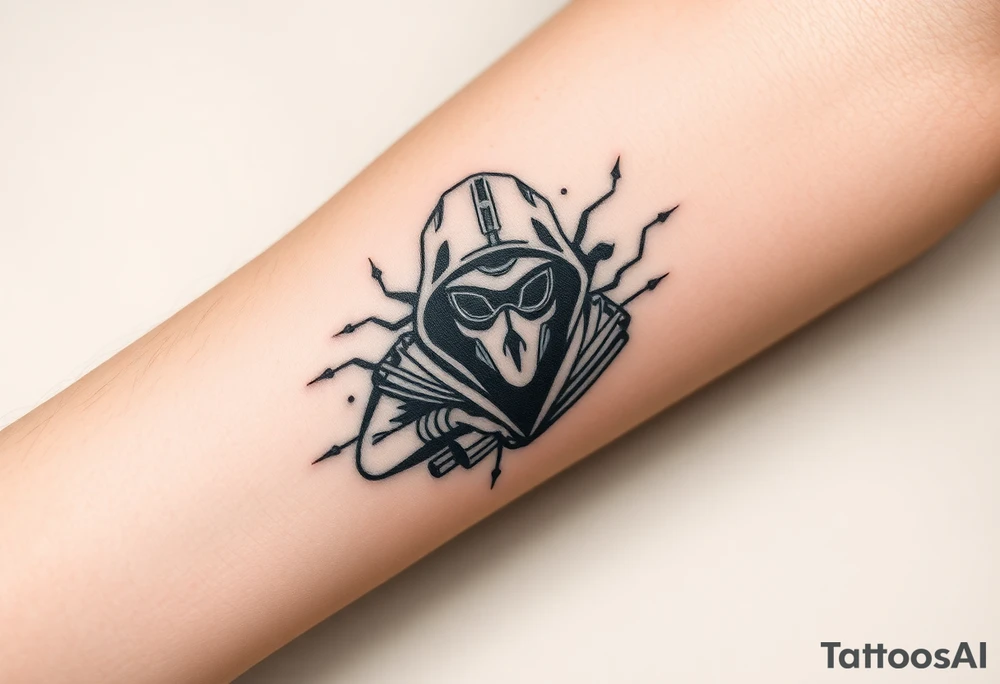 Tattoo for the top side of the forearm, black and gray, flash, hacker computer tech tattoo idea