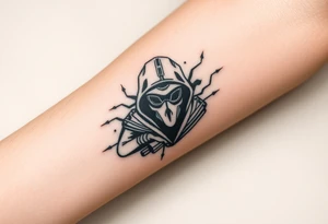 Tattoo for the top side of the forearm, black and gray, flash, hacker computer tech tattoo idea