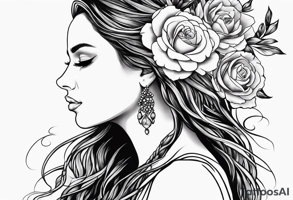 Woman with long locs side profile and flowers tattoo idea