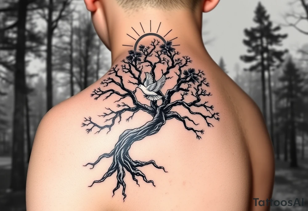 "A tattoo design featuring sun rays  clearly radiating from the top of the shoulder, with a serene forest scene in the background. Incorporate a prominent 'poison tree' design, featuring twisted and gnarled branches, symbolizing duality or mystery. Add a white dove in flight in the foreground, positioned slightly above or near the tree, symbolizing peace and hope. The overall design should have a balance of contrast and shading, blending realism with a slightly surreal artistic style." MAKE SURE THE TATOO IS ON THE SHOULDER tattoo idea