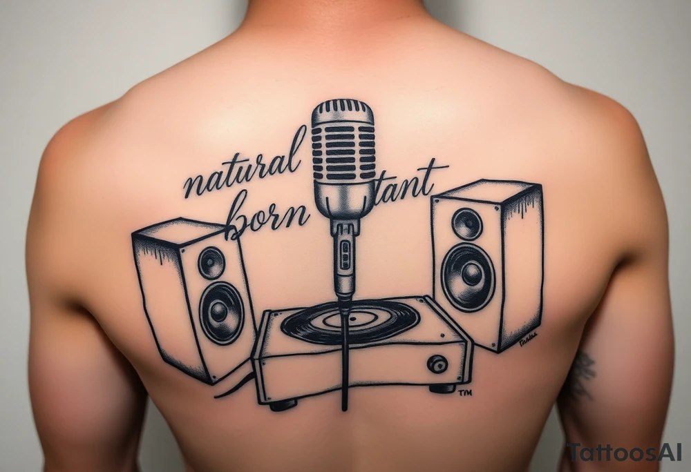 natural born talent written with a microphone and speakers with an old record player tattoo idea