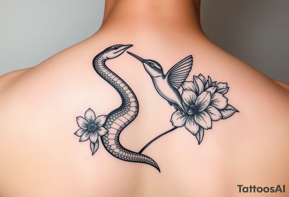 powerful beautiful hissing snake holds hummingbird with flowers tattoo idea