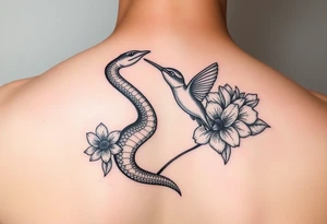 powerful beautiful hissing snake holds hummingbird with flowers tattoo idea