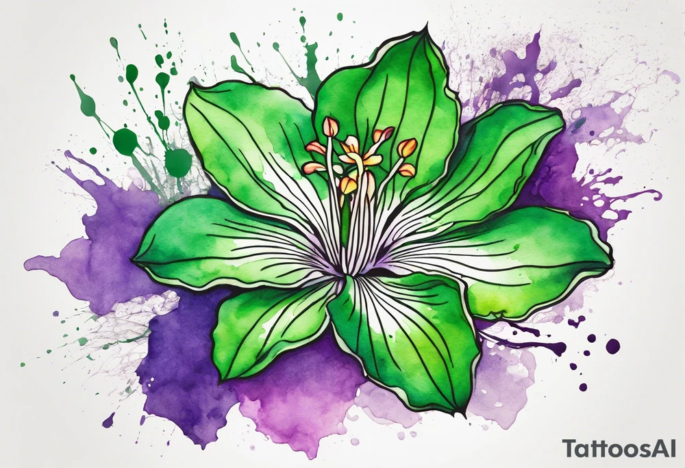 An outline of an only green rio dipladenia flower and a green and purple watercolor splash in the background tattoo idea