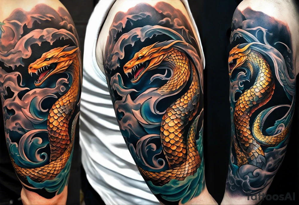 a Sleeve tattoo of Jörmungandr, the giant snake from god of war the game going from shoulder to bicep tattoo idea