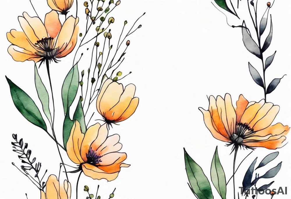 wild flowers long stems bouquet all watercolor tattoo idea