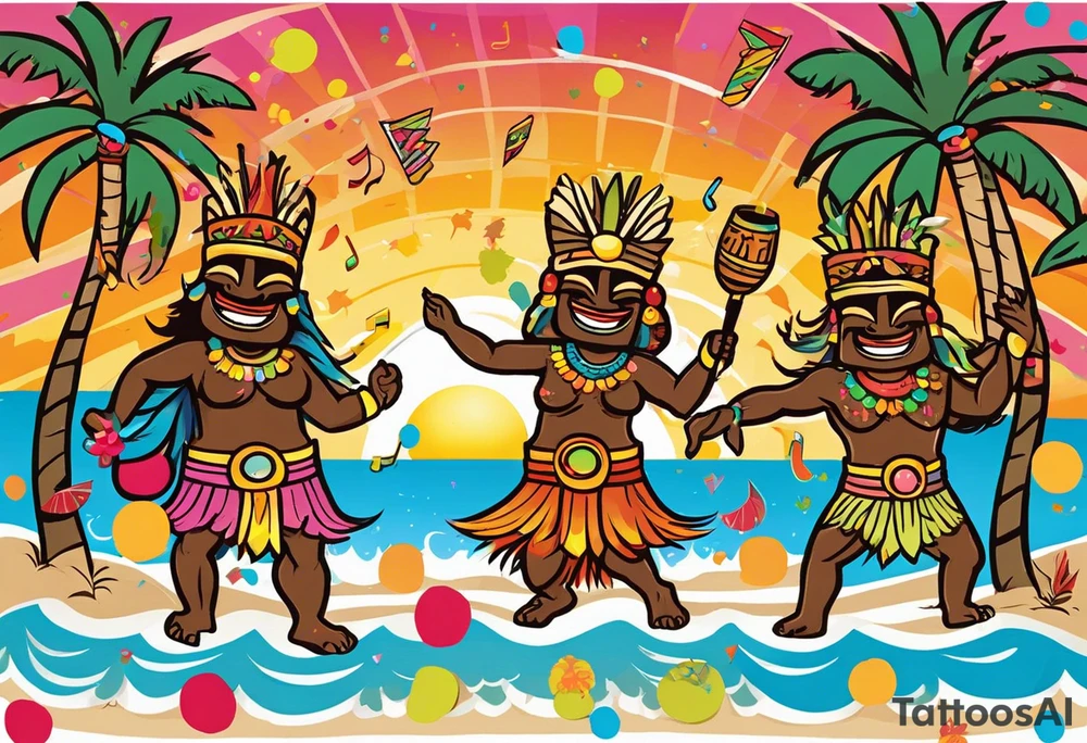 dancing tiki gods dance party on the beach with a sunset in the center of the image with confetti and music notes and sexy hula girls that are blonde and burnette tattoo idea